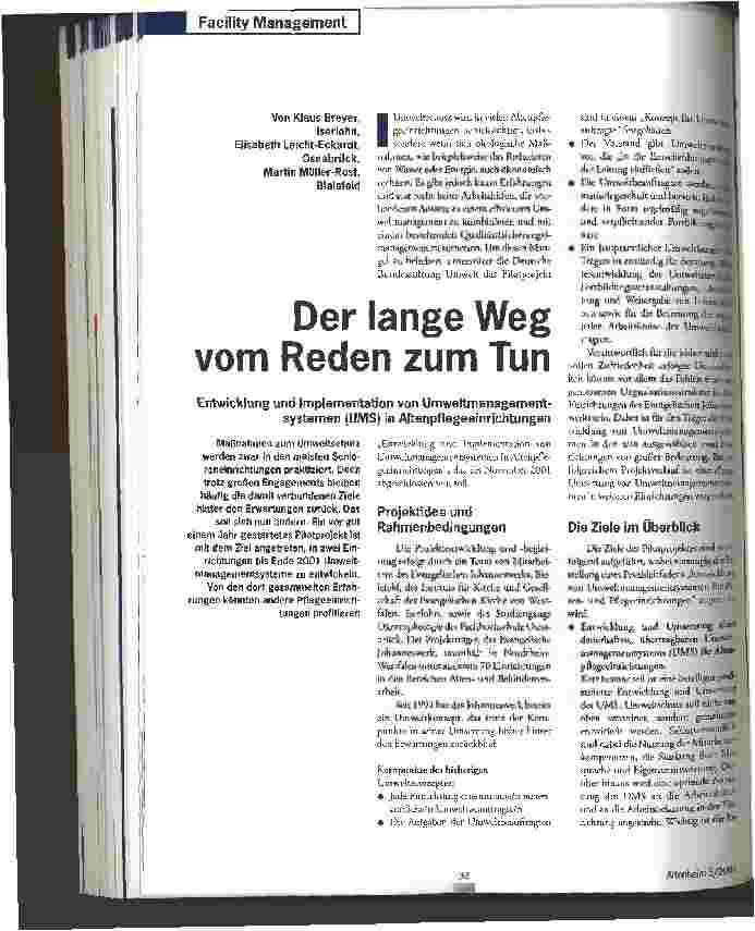 Vorschauseite 1: Der lange Weg vom Reden zum Tun Entwicklung und Implementation von Umweltmanagementsystemen (UMS) in Altenpflegeeinrichtungen