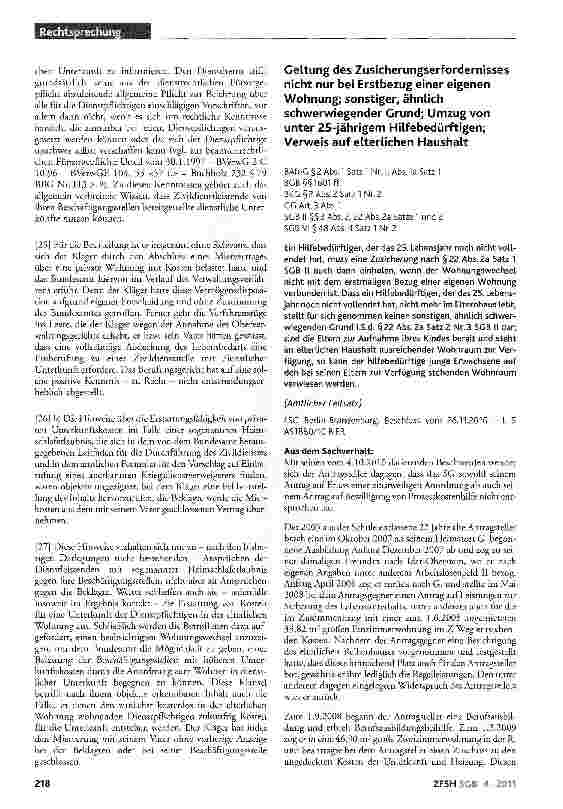 Vorschauseite 1: Geltung des Zusicherungserfordernisses nicht nur bei Erstbezug einer eigenen Wohnung; sonstiger, ähnlich schwerwiegender Grund; Umzug von unter 25-jährigem Hilfebedürftigen; Verwe…