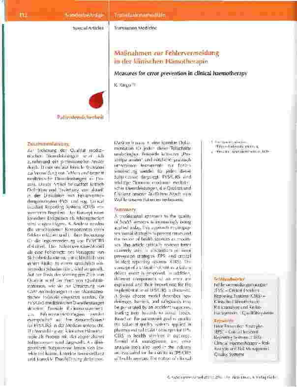 Vorschauseite 1: Maßnahmen zur Fehlervermeidung in der klinischen Hämotherapie