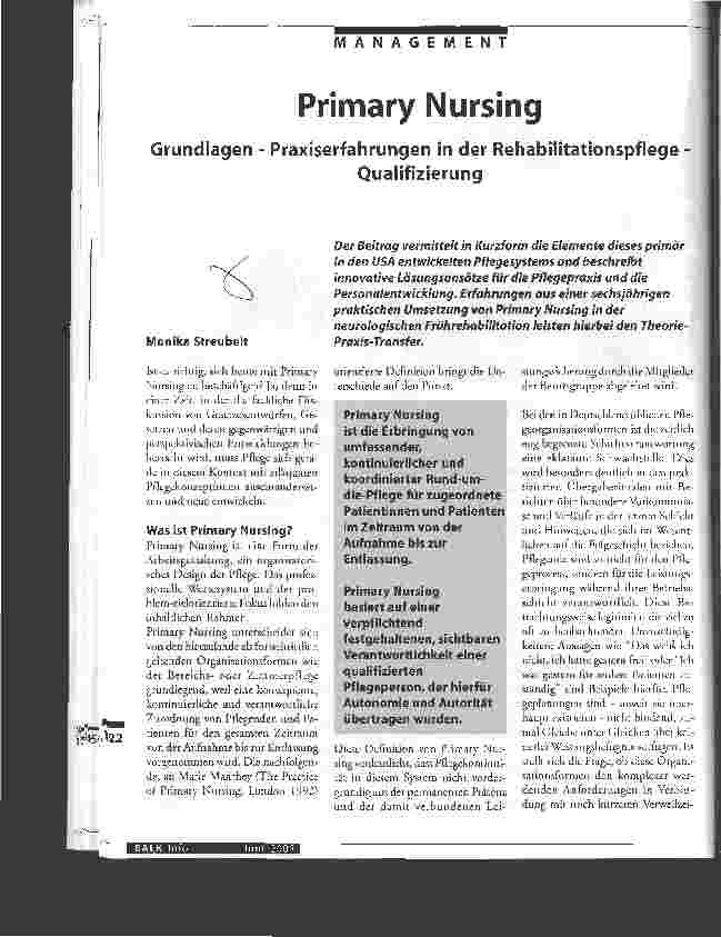 Vorschauseite 1: Primary Nursing Grundlagen - Praxiserfahrungen in der Rehabilitationspflege-Qualifizierung