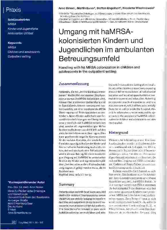Vorschauseite 1: Umgang mit haMRSA-kolonisierten Kindern und Jugendlichen im ambulanten Betreuungsumfeld