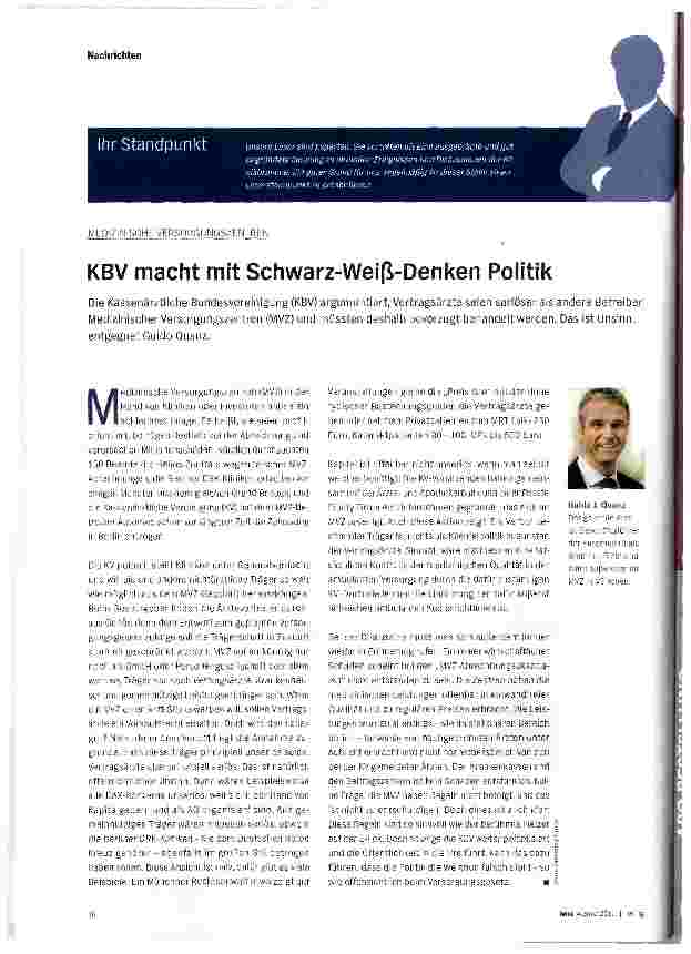 Vorschauseite 1: KBV macht mit Schwarz-Weifi-Denken Politik