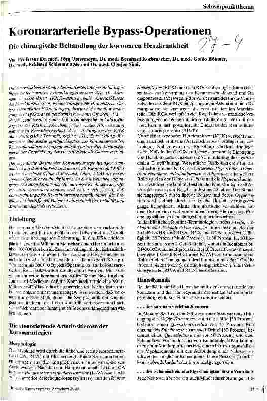 Vorschauseite 1: Koronararterielle Bypass-Operationen Die chirurgische Behandlung der koronalen Herzkrankheit