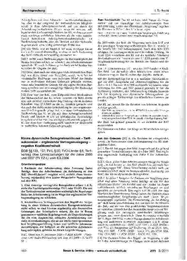 Vorschauseite 1: Kleine dynamische Bezugnahrneklausel - Tarifsukzession - ergänzende Vertragsauslegung -negative Koalitionsfreiheit BGB §§133, 157; TV-L §20; TVÜ-Länder §6; Tarifvertrag über Einma…