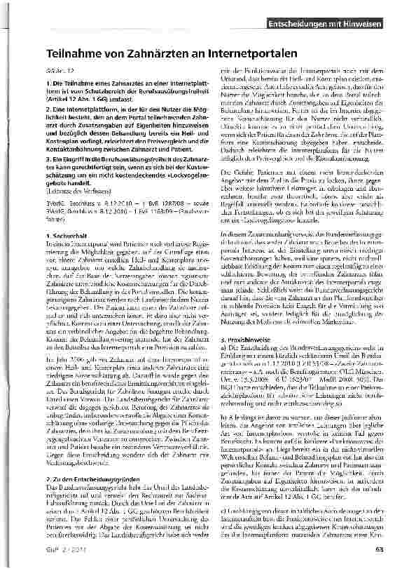 Vorschauseite 1: Teilnahme von Zahnärzten an Internetportalen