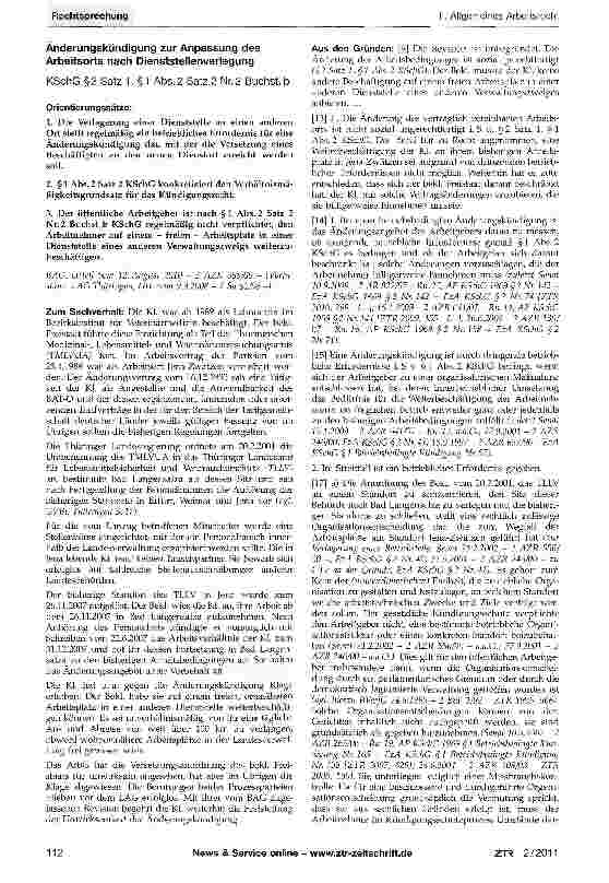 Vorschauseite 1: Änderungskündigung zur Anpassung des Arbeitsorts nach DienststellenverlegungKSchG § 2 Satz 1, § 1 Abs. 2 Satz 2 Nr. 2 Buchst, b