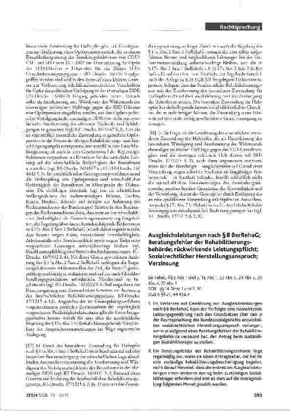 Vorschauseite 1: Ausgleichsleistungen nach §8 BerRehaG; Beratungsfehler der Rehabilitierungsbehörde; rückwirkende Leistungspflicht; Sozialrechtlicher Herstellungsanspruch; VerzinsungBerRehaG §§ 8…