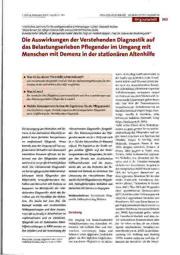 Vorschauseite 1: Die Auswirkungen der Verstehenden Diagnostik auf das Belastungserleben Pflegender im Umgang mit Menschen mit Demenz in der stationären Altenhilfe