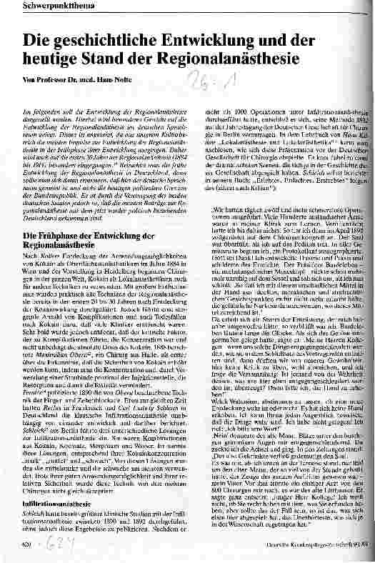 Vorschauseite 1: Die geschichtliche Entwicklung und der heutige Stand der Regionalanästhesie