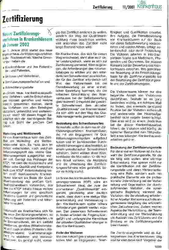 Vorschauseite 1: Neues Zertifizierungsverfahren in Krankenhäusern ab Januar 2002