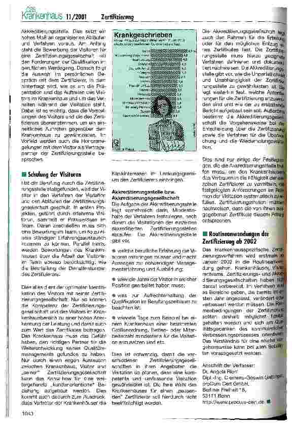 Vorschauseite 2: Neues Zertifizierungsverfahren in Krankenhäusern ab Januar 2002