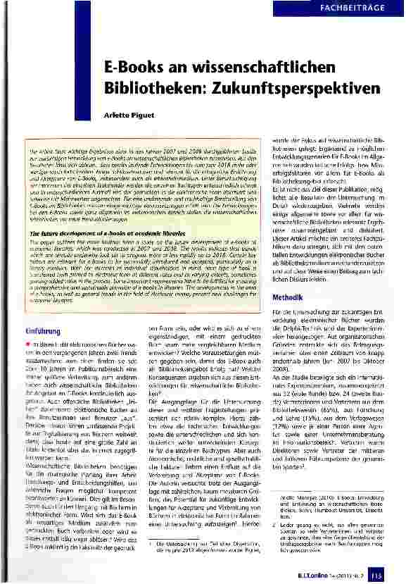 Vorschauseite 1: E-Books an wissenschaftlichen Bibliotheken: Zukunftsperspektiven