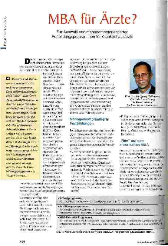 Vorschauseite 1: MBA für Ärzte? Zur Auswahl von managementorientierten Fortbildungsprogrammen für Krankenhausärzte