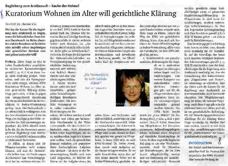 Vorschauseite 1: Kuratorium Wohnen im Alter will gerichtliche Klärung