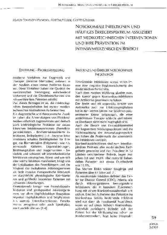 Vorschauseite 1: Nosokomiale Infektionen und häufiges Erregerspektrum assoziiert mit medikotechnischen Interventionen und ihre Prävention im intensivmedizinischen Bereich