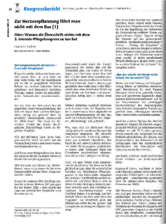 Vorschauseite 1: Zur Herzverpflanzung fährt man nicht mit dem Bus (1) oder: Warum die Überschrift nichts mit dem 3. intensiv-Pflegekongress zu tun hat