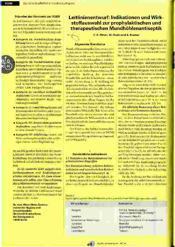 Vorschauseite 1: Leitlinienentwurf: Indikationen und Wirkstoffauswahl zur prophylaktischen und therapeutischen Mundhöhlenantiseptik