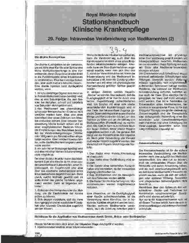 Vorschauseite 1: Royal Marsden Hospital - Stationshandbuch Klinische Krankenpflege 29. Folge: Intravenöse Verabreichung von Medikamenten