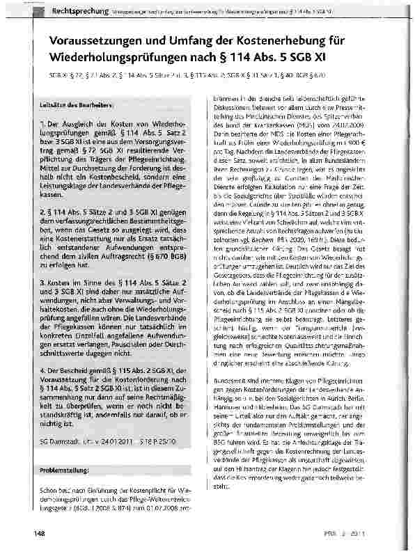 Vorschauseite 1: Voraussetzungen und Umfang der Kostenerhebung für Wiederholungsprüfungen nach § 114 Abs. 5 SGB XISGB XI §72, §73 Abs. 2, §114 Abs. 5 Sätze 2 u. 3, § 115 Abs. 2; SGB X §31 Satz 1,…