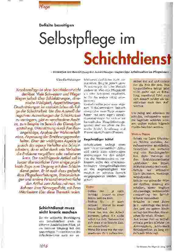 Vorschauseite 1: Selbstpflege im Schichtdienst Defizite beseitigen