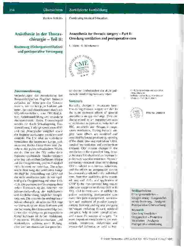 Vorschauseite 1: Anästhesie in der Thoraxchirurgie -Teil II: Beatmung (Einlungenventilation) und postoperative Versorgung