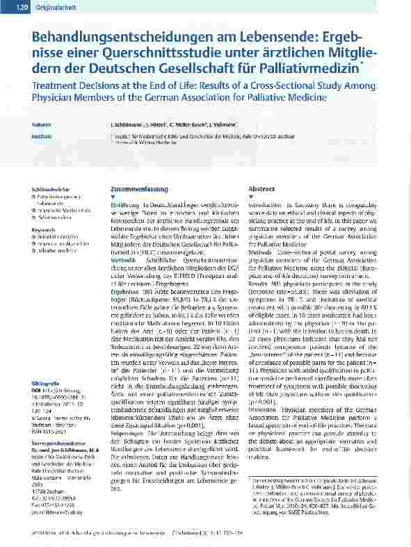Vorschauseite 1: Behandlungsentscheidungen am Lebensende: Ergebnisse einer Querschnittsstudie unter ärztlichen Mitgliedern der Deutschen Gesellschaft für Palliativmedizin