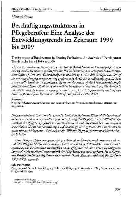 Vorschauseite 1: Beschäftigungsstrukturen in Pflegeberufen: Eine Analyse der Entwicklungstrends im Zeitraum 1999 bis 2009