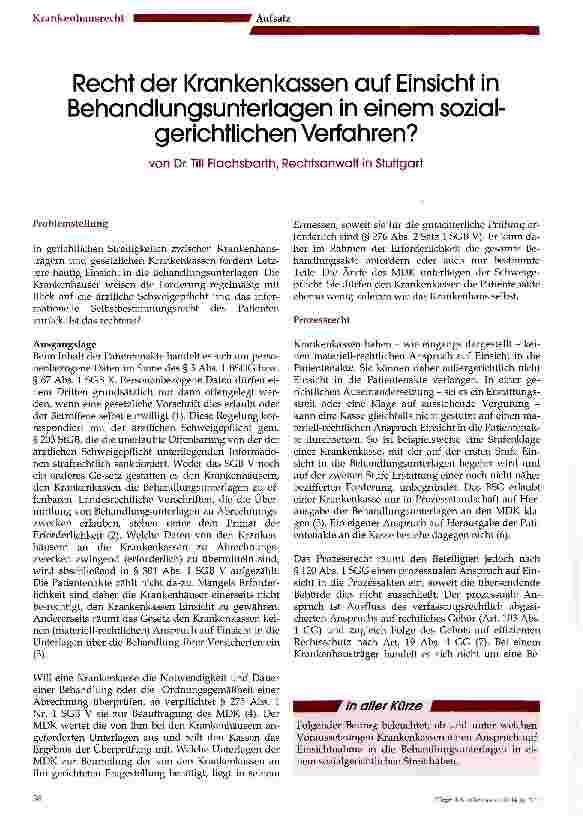 Vorschauseite 1: Recht der Krankenkassen auf Einsicht in Behandlungsunterlagen in einem sozialgerichtlichen Verfahren?