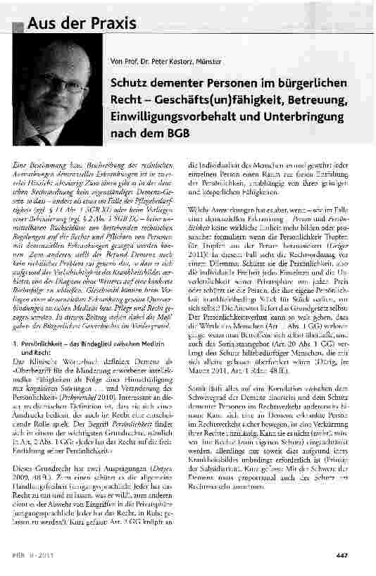 Vorschauseite 1: Schutz dementer Personen im bürgerlichen Recht - Geschäftsunfähigkeit, Betreuung, Einwilligungsvorbehalt und Unterbringung nach dem BGB