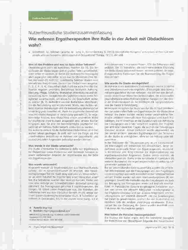 Vorschauseite 1: Nutzerfreundliche StudienzusammenfassungWie nehmen Ergotherapeuten ihre Rolle in der Arbeit mit Obdachlosen wahr?