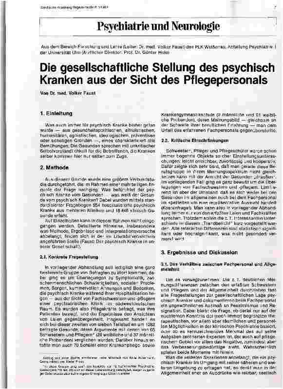 Vorschauseite 1: Die gesellschaftliche Stellung des psychisch Kranken aus der Sicht des Pflegepersonals