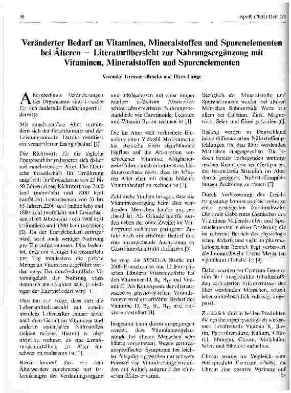 Vorschauseite 1: Veränderter Bedarf an Vitaminen, Mineralstoffen und Spurenelementen bei Älteren - Literaturübersicht zur Nahrungsrgänzung mit Vitaminen, Mineralstoffen und Spurenelementen