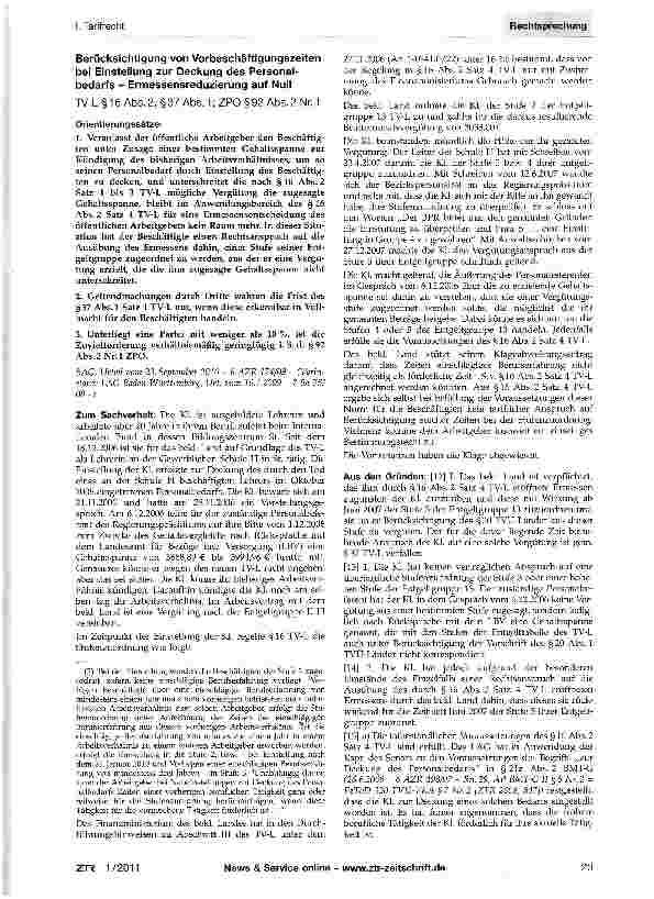 Vorschauseite 1: Berücksichtigung von Vorbeschäftigungszeiten bei Einstellung zur Deckung des Personalbedarfs - Ermessensreduzierung auf NullTV-L §16 Abs. 2, §37 Abs. 1; ZPO §92 Abs. 2 Nr. 1