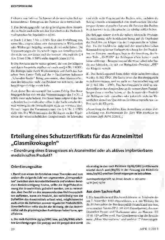 Vorschauseite 1: Erteilung eines Schutzzertifikats für das Arzneimittel „Glasmikrokugeln- Einordnung eines Erzeugnisses als Arzneimittel oder als aktives implantierbares medizinisches Produkt?
