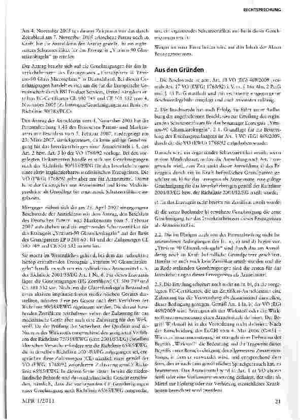Vorschauseite 2: Erteilung eines Schutzzertifikats für das Arzneimittel „Glasmikrokugeln- Einordnung eines Erzeugnisses als Arzneimittel oder als aktives implantierbares medizinisches Produkt?
