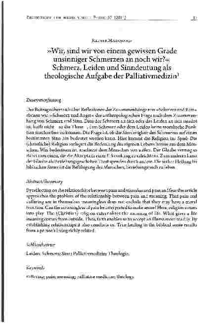 Vorschauseite 1: Wir, sind wir von einem gewissen Gradeunsinniger Schmerzen an noch wir? « Schmerz, Leiden und Sinndeutung als theologische Aufgabe der Palliativmedizin
