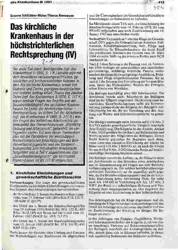 Vorschauseite 1: Das kirchliche Krankenhaus in der höchstrichterlichen Rechtsprechung (IV)