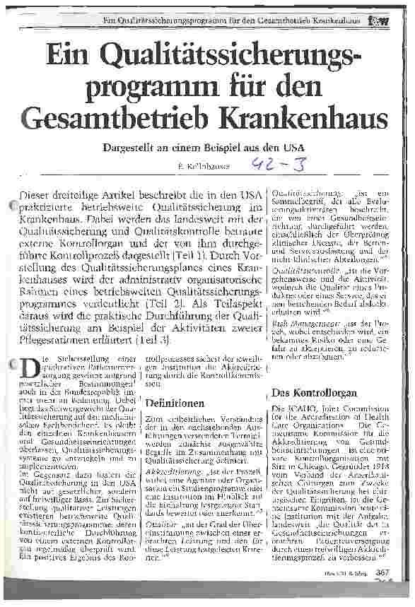 Vorschauseite 1: Ein Qualitätssicherungsprogramm für den Gesamtbetrieb Krankenhaus Dargestellt an einem Beispiel aus den USA