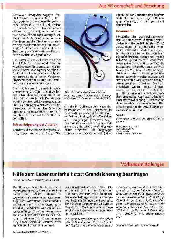 Vorschauseite 2: Aus Wissenschaft und ForschungBakterielle Kontamination von Stethoskopen auf der Intensivstation: Die Desinfektion ist schwieriger als vermutet