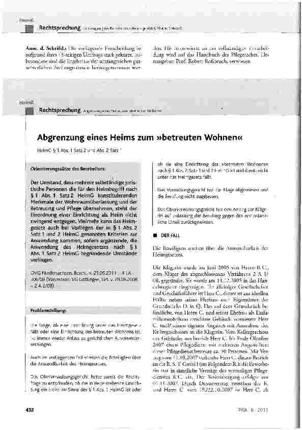 Vorschauseite 1: Abgrenzung eines Heims zum »betreuten Wohnen« HeimG § 1 Abs. 1 Satz 2 und Abs. 2 Satz 1
