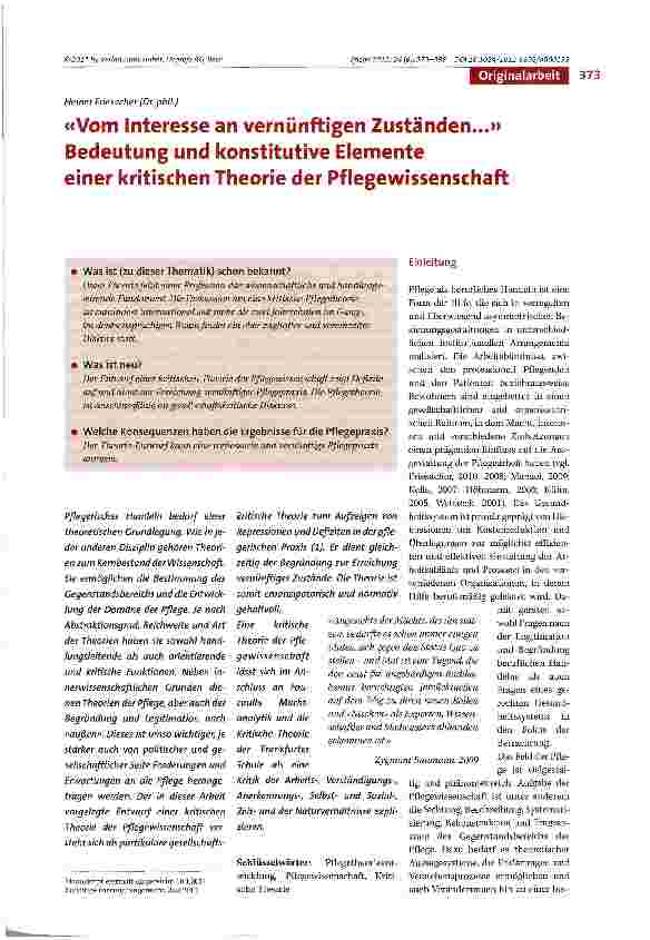 Vorschauseite 1: «Vom Interesse an vernünftigen Zuständen...» Bedeutung und konstitutive Elementeeiner kritischen Theorie der Pflegewissenschaft