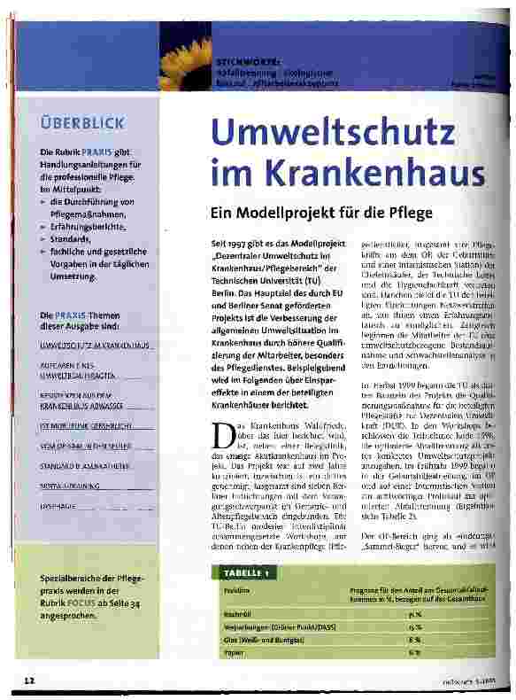 Vorschauseite 1: Umweltschutz im Krankenhaus Ein Modellprojekt für die Pflege