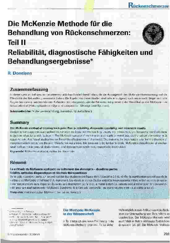 Vorschauseite 1: Die McKenzie Methode für die Behandlung von Rückenschmerzen: Teil IIReliabilität, diagnostische Fähigkeiten undBehandlungsergebnisse*