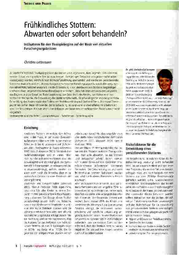Vorschauseite 1: Frühkindliches Stottern: Abwarten oder sofort behandeln?Indikatoren für den Therapiebeginn auf der Basis von aktuellen Forschungsergebnissen