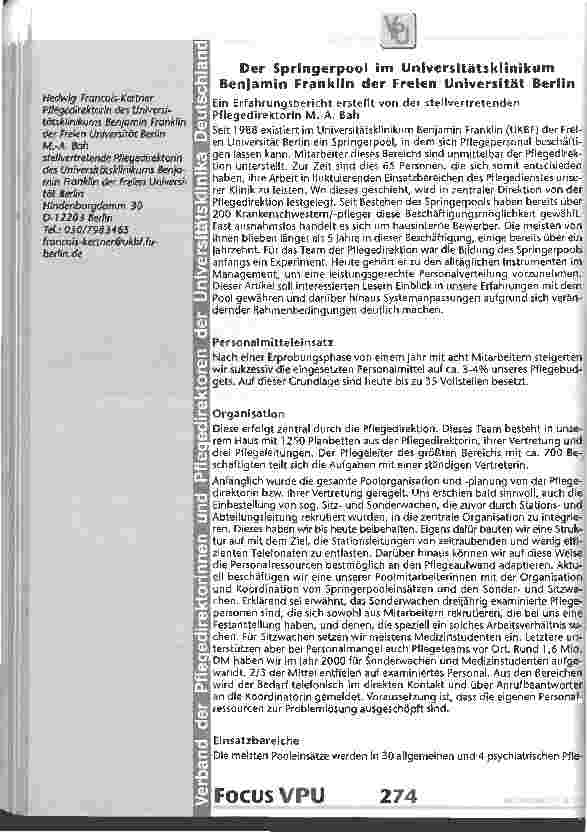 Vorschauseite 1: Der Springerpool im Universitätsklinikum Benjamin Franklin der Freien Universität Berlin Ein Erfahrungsbericht