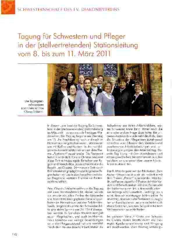 Vorschauseite 1: Tagung für Schwestern und Pfleger in der (stellvertretenden) Stationsleitung vom 8. bis zum 11. März 2011