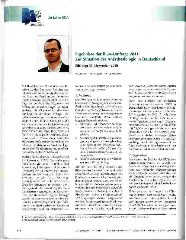 Vorschauseite 1: Ergebnisse der BDA-Umfrage 2011: Zur Situation der Anästhesiologie in Deutschland
