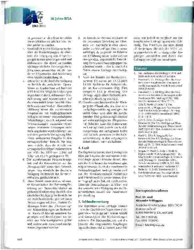 Vorschauseite 5: Ergebnisse der BDA-Umfrage 2011: Zur Situation der Anästhesiologie in Deutschland