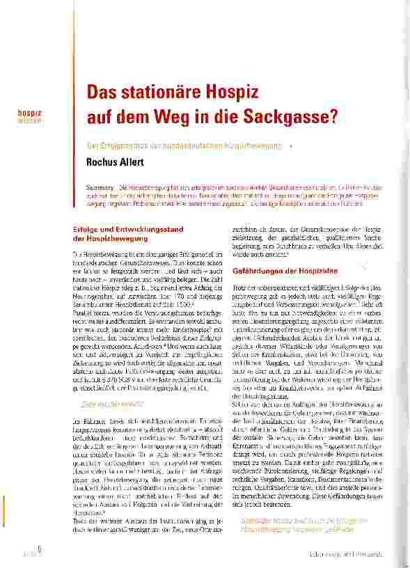 Vorschauseite 1: Das stationäre Hospiz auf dem Weg in die Sackgasse?