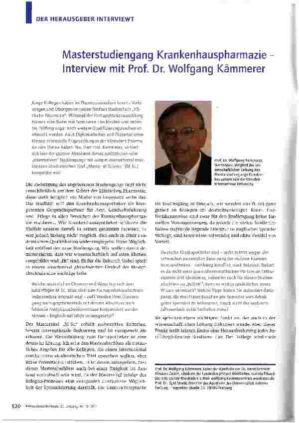 Vorschauseite 1: Masterstudiengang Krankenhauspharmazie -Interview mit Prof. Dr. Wolfgang Kämmerer